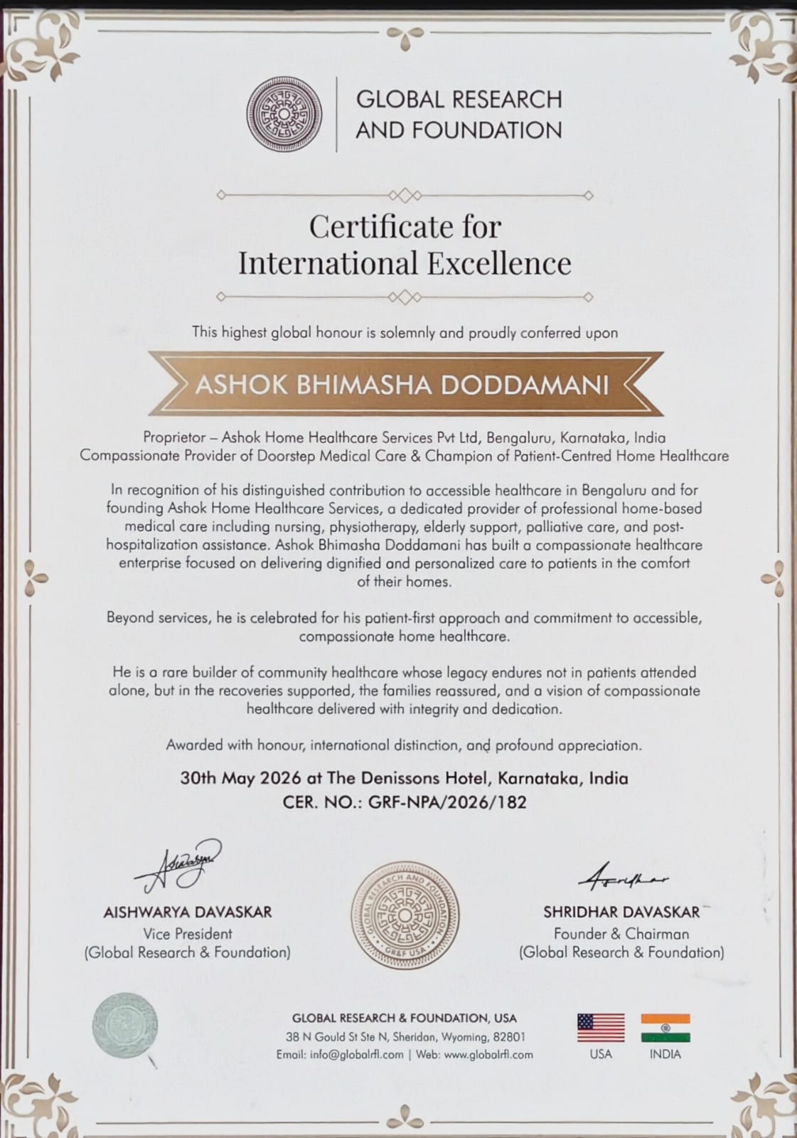 Ashok Doddamani receiving International Excellence Award